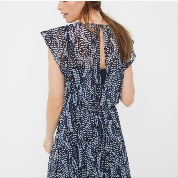 White House Black Market feather design, flutter sleeve, blk wht blue maxi XXS - Picture 3 of 9